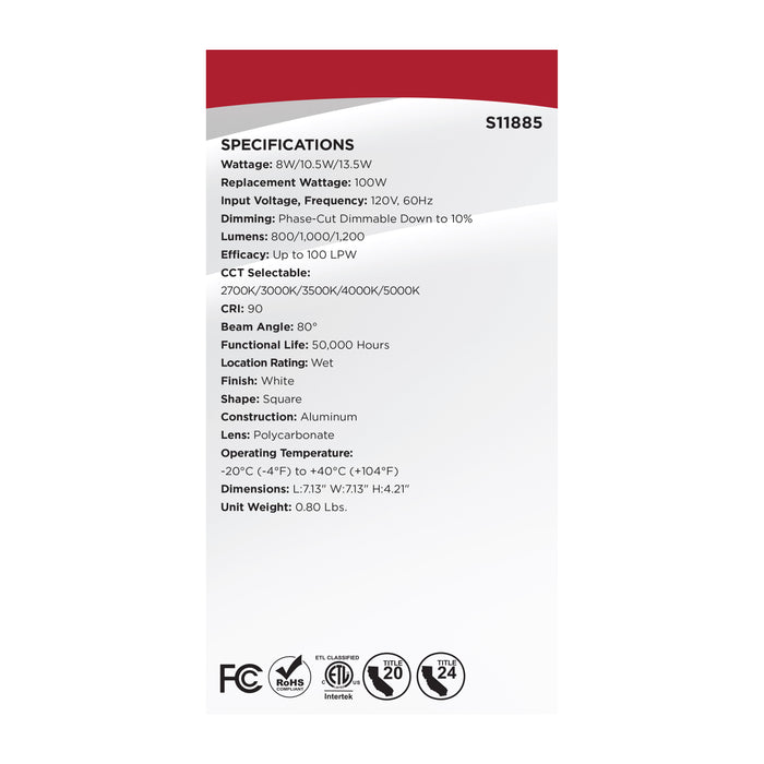 SATCO/NUVO Field Selectable LED Downlight Retrofit Deep Baffle 8W/10.5W/13.5W 2700K/3000K/3500K/4000K/5000K 5-6 Inch Square White Finish 120V (S11885)