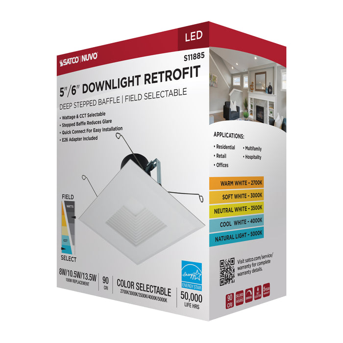 SATCO/NUVO Field Selectable LED Downlight Retrofit Deep Baffle 8W/10.5W/13.5W 2700K/3000K/3500K/4000K/5000K 5-6 Inch Square White Finish 120V (S11885)