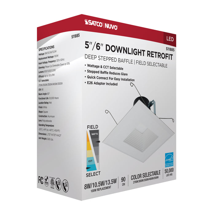 SATCO/NUVO Field Selectable LED Downlight Retrofit Deep Baffle 8W/10.5W/13.5W 2700K/3000K/3500K/4000K/5000K 5-6 Inch Square White Finish 120V (S11885)