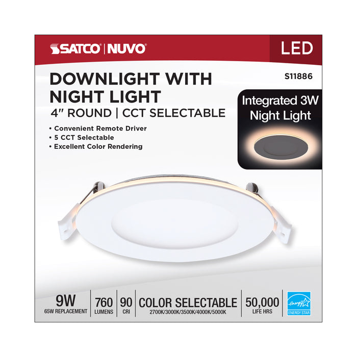 SATCO/NUVO 9W LED Direct Wire Downlight With Night Light 4 Inch Remote Driver CCT Selectable Dimmable Round White Finish (S11886)