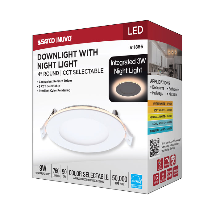 SATCO/NUVO 9W LED Direct Wire Downlight With Night Light 4 Inch Remote Driver CCT Selectable Dimmable Round White Finish (S11886)