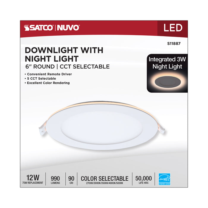 SATCO/NUVO 12W LED Direct Wire Downlight With Night Light 6 Inch Remote Driver CCT Selectable Dimmable Round White Finish (S11887)