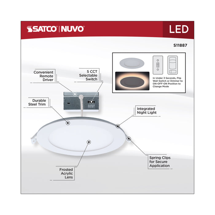 SATCO/NUVO 12W LED Direct Wire Downlight With Night Light 6 Inch Remote Driver CCT Selectable Dimmable Round White Finish (S11887)