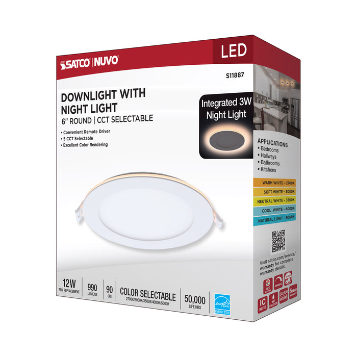 SATCO/NUVO 12W LED Direct Wire Downlight With Night Light 6 Inch Remote Driver CCT Selectable Dimmable Round White Finish (S11887)
