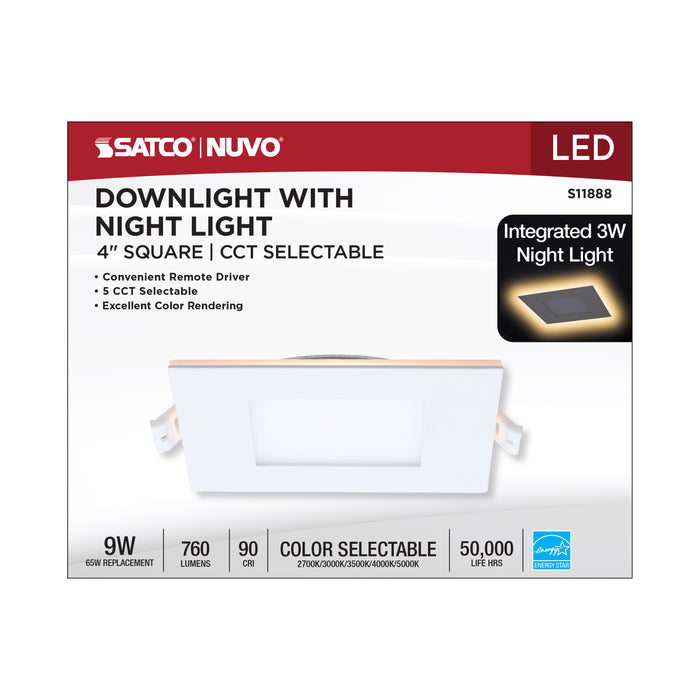 SATCO/NUVO 9W LED Direct Wire Downlight With Night Light 4 Inch Remote Driver CCT Selectable Dimmable Square White Finish (S11888)