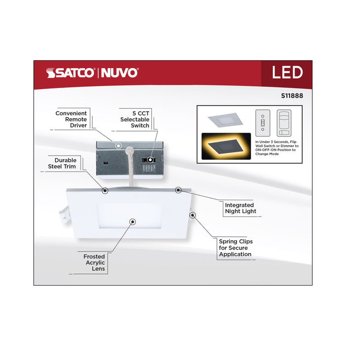 SATCO/NUVO 9W LED Direct Wire Downlight With Night Light 4 Inch Remote Driver CCT Selectable Dimmable Square White Finish (S11888)