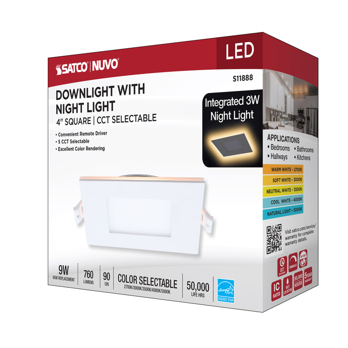 SATCO/NUVO 9W LED Direct Wire Downlight With Night Light 4 Inch Remote Driver CCT Selectable Dimmable Square White Finish (S11888)