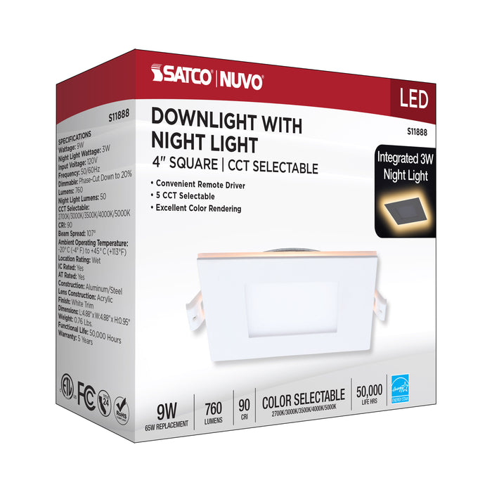 SATCO/NUVO 9W LED Direct Wire Downlight With Night Light 4 Inch Remote Driver CCT Selectable Dimmable Square White Finish (S11888)