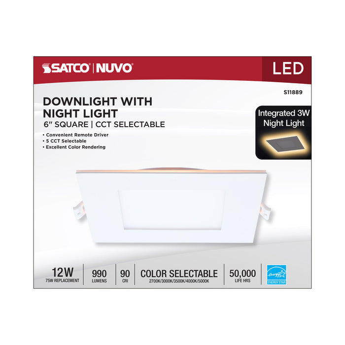 SATCO/NUVO 12W LED Direct Wire Downlight With Night Light 6 Inch Remote Driver CCT Selectable Dimmable Square White Finish (S11889)