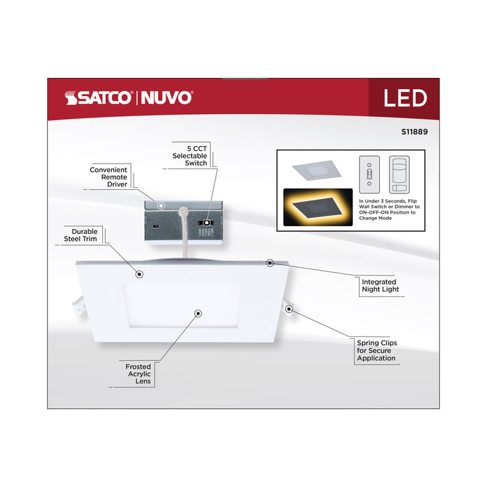 SATCO/NUVO 12W LED Direct Wire Downlight With Night Light 6 Inch Remote Driver CCT Selectable Dimmable Square White Finish (S11889)