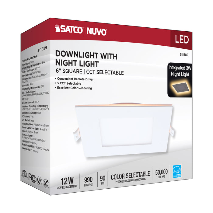 SATCO/NUVO 12W LED Direct Wire Downlight With Night Light 6 Inch Remote Driver CCT Selectable Dimmable Square White Finish (S11889)