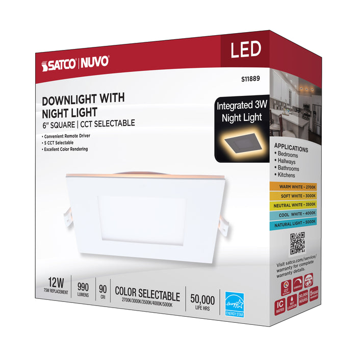 SATCO/NUVO 12W LED Direct Wire Downlight With Night Light 6 Inch Remote Driver CCT Selectable Dimmable Square White Finish (S11889)