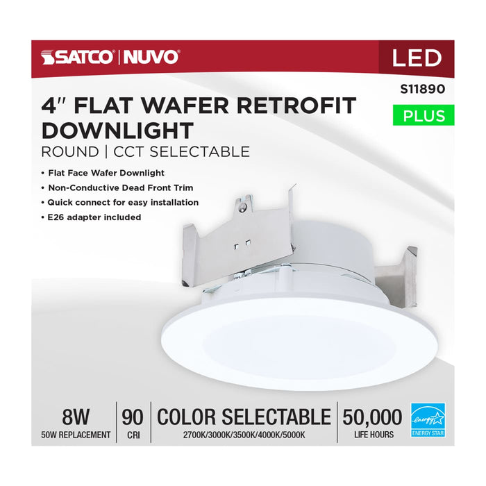 SATCO/NUVO 8W 4 Inch LED Downlight Retrofit CCT Selectable 2700K/3000K/3500K/4000K/5000K Selectable Flat Wafer Round Matte White Finish (S11890)