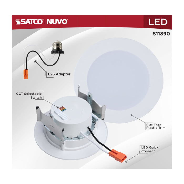 SATCO/NUVO 8W 4 Inch LED Downlight Retrofit CCT Selectable 2700K/3000K/3500K/4000K/5000K Selectable Flat Wafer Round Matte White Finish (S11890)