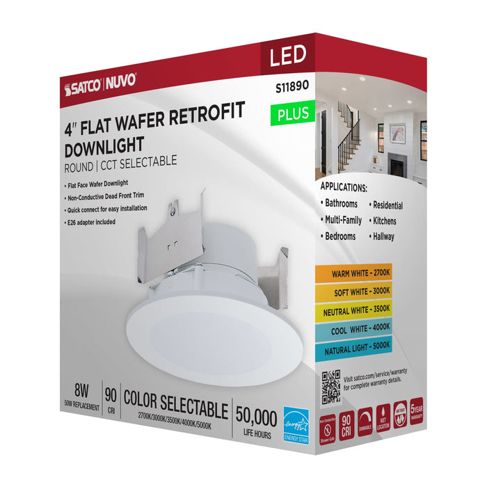 SATCO/NUVO 8W 4 Inch LED Downlight Retrofit CCT Selectable 2700K/3000K/3500K/4000K/5000K Selectable Flat Wafer Round Matte White Finish (S11890)