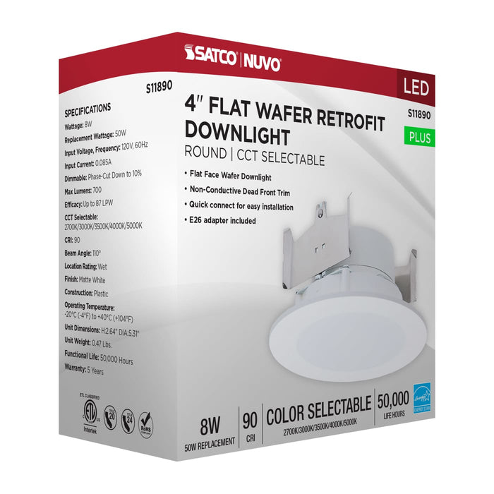 SATCO/NUVO 8W 4 Inch LED Downlight Retrofit CCT Selectable 2700K/3000K/3500K/4000K/5000K Selectable Flat Wafer Round Matte White Finish (S11890)