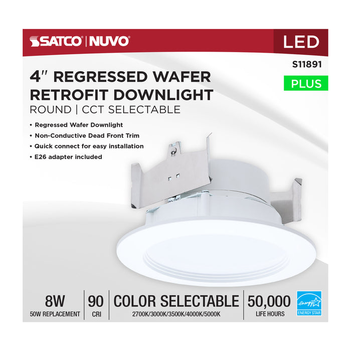 SATCO/NUVO 8W 4 Inch LED Downlight Retrofit CCT Selectable 2700K/3000K/3500K/4000K/5000K Selectable Regressed Wafer Round Matte White Finish (S11891)