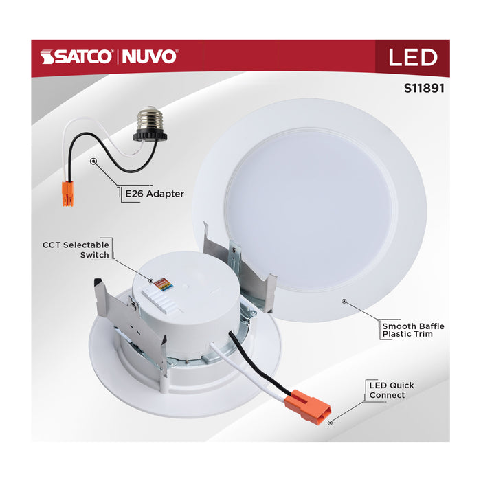SATCO/NUVO 8W 4 Inch LED Downlight Retrofit CCT Selectable 2700K/3000K/3500K/4000K/5000K Selectable Regressed Wafer Round Matte White Finish (S11891)