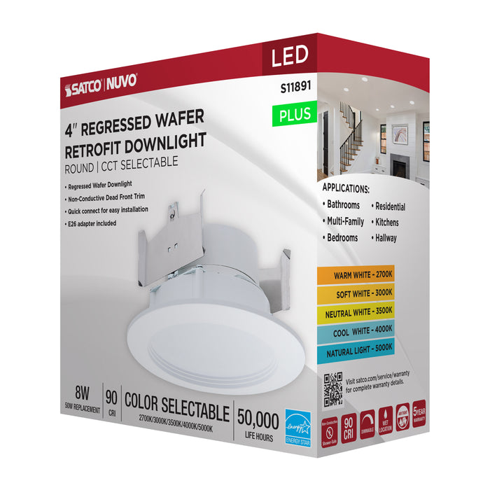 SATCO/NUVO 8W 4 Inch LED Downlight Retrofit CCT Selectable 2700K/3000K/3500K/4000K/5000K Selectable Regressed Wafer Round Matte White Finish (S11891)