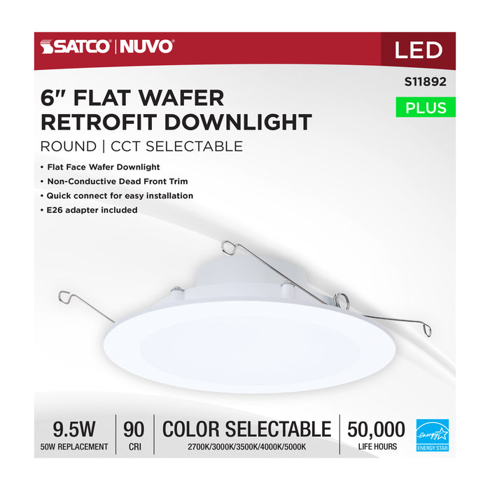 SATCO/NUVO 9.5W 6 Inch LED Downlight Retrofit CCT Selectable 2700K/3000K/3500K/4000K/5000K Selectable Flat Wafer Round Matte White Finish (S11892)