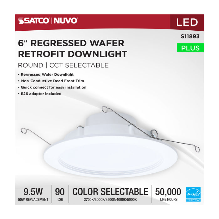 SATCO/NUVO 9.5W 6 Inch LED Downlight Retrofit CCT Selectable 2700K/3000K/3500K/4000K/5000K Selectable Regressed Wafer Round Matte White Finish (S11893)
