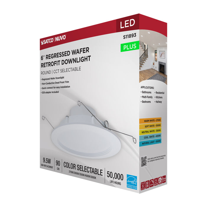 SATCO/NUVO 9.5W 6 Inch LED Downlight Retrofit CCT Selectable 2700K/3000K/3500K/4000K/5000K Selectable Regressed Wafer Round Matte White Finish (S11893)