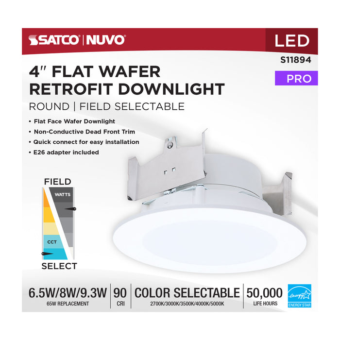 SATCO/NUVO LED Downlight Retrofit Wattage/CCT Selectable 6.5W/8W/9.3W 2700K/3000K/3500K/4000K/5000K 4 Inch Flat Wafer Round Matte White Finish (S11894)