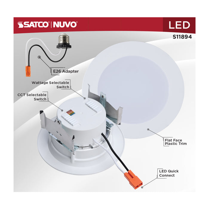 SATCO/NUVO LED Downlight Retrofit Wattage/CCT Selectable 6.5W/8W/9.3W 2700K/3000K/3500K/4000K/5000K 4 Inch Flat Wafer Round Matte White Finish (S11894)