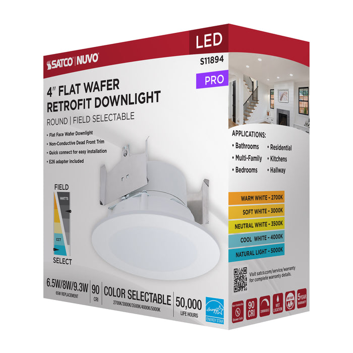 SATCO/NUVO LED Downlight Retrofit Wattage/CCT Selectable 6.5W/8W/9.3W 2700K/3000K/3500K/4000K/5000K 4 Inch Flat Wafer Round Matte White Finish (S11894)