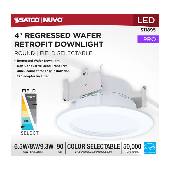 SATCO/NUVO LED Downlight Retrofit Wattage/CCT Selectable 6.5W/8W/9.3W 2700K/3000K/3500K/4000K/5000K 4 Inch Regressed Wafer Round Matte White Finish (S11895)