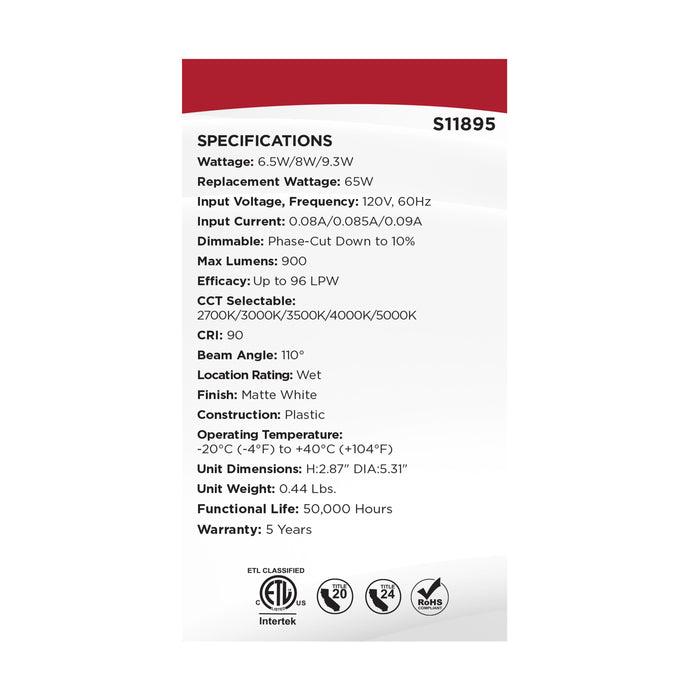 SATCO/NUVO LED Downlight Retrofit Wattage/CCT Selectable 6.5W/8W/9.3W 2700K/3000K/3500K/4000K/5000K 4 Inch Regressed Wafer Round Matte White Finish (S11895)