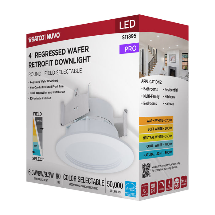 SATCO/NUVO LED Downlight Retrofit Wattage/CCT Selectable 6.5W/8W/9.3W 2700K/3000K/3500K/4000K/5000K 4 Inch Regressed Wafer Round Matte White Finish (S11895)