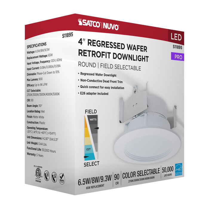 SATCO/NUVO LED Downlight Retrofit Wattage/CCT Selectable 6.5W/8W/9.3W 2700K/3000K/3500K/4000K/5000K 4 Inch Regressed Wafer Round Matte White Finish (S11895)