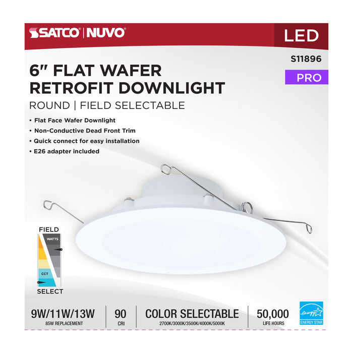 SATCO/NUVO LED Downlight Retrofit Wattage/CCT Selectable 9W/11W/13W 2700K/3000K/3500K/4000K/5000K 6 Inch Flat Wafer Round Matte White Finish (S11896)