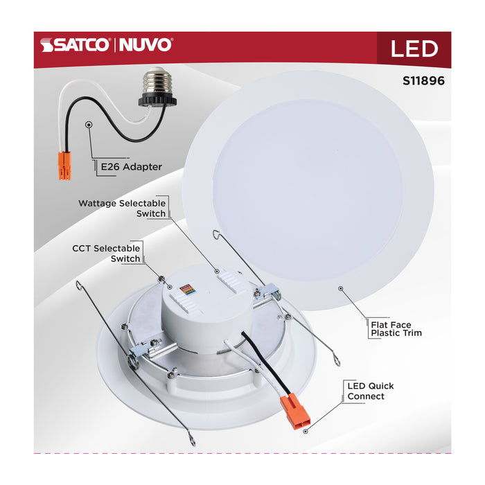 SATCO/NUVO LED Downlight Retrofit Wattage/CCT Selectable 9W/11W/13W 2700K/3000K/3500K/4000K/5000K 6 Inch Flat Wafer Round Matte White Finish (S11896)