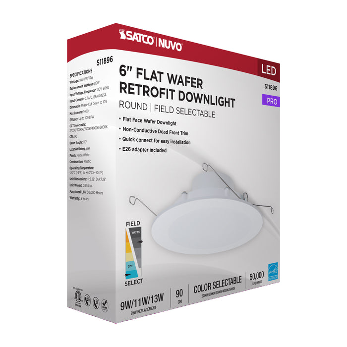 SATCO/NUVO LED Downlight Retrofit Wattage/CCT Selectable 9W/11W/13W 2700K/3000K/3500K/4000K/5000K 6 Inch Flat Wafer Round Matte White Finish (S11896)