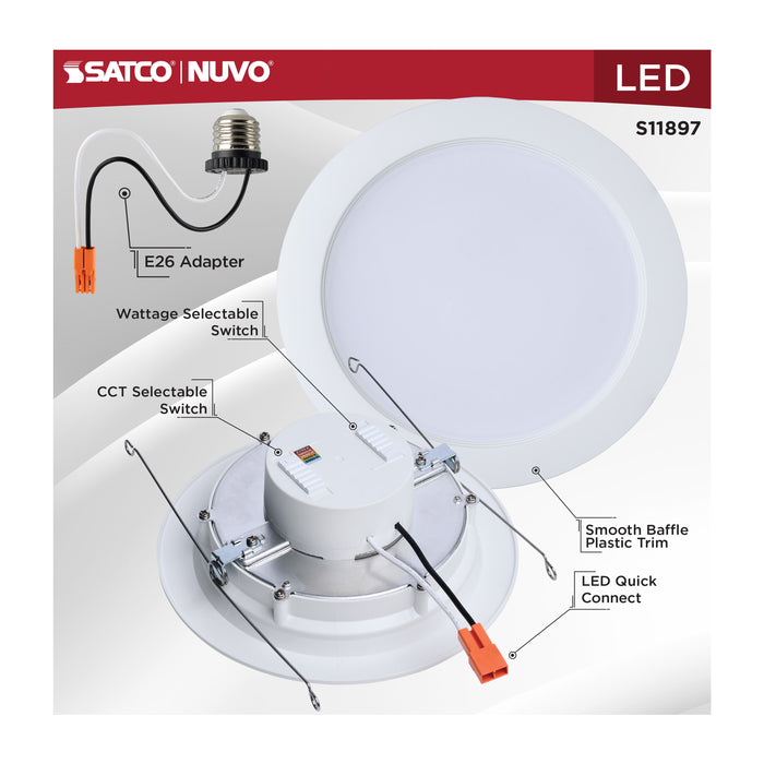 SATCO/NUVO LED Downlight Retrofit Wattage/CCT Selectable 9W/11W/13W 2700K/3000K/3500K/4000K/5000K 6 Inch Regressed Wafer Round Matte White Finish (S11897)