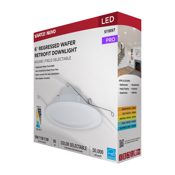 SATCO/NUVO LED Downlight Retrofit Wattage/CCT Selectable 9W/11W/13W 2700K/3000K/3500K/4000K/5000K 6 Inch Regressed Wafer Round Matte White Finish (S11897)