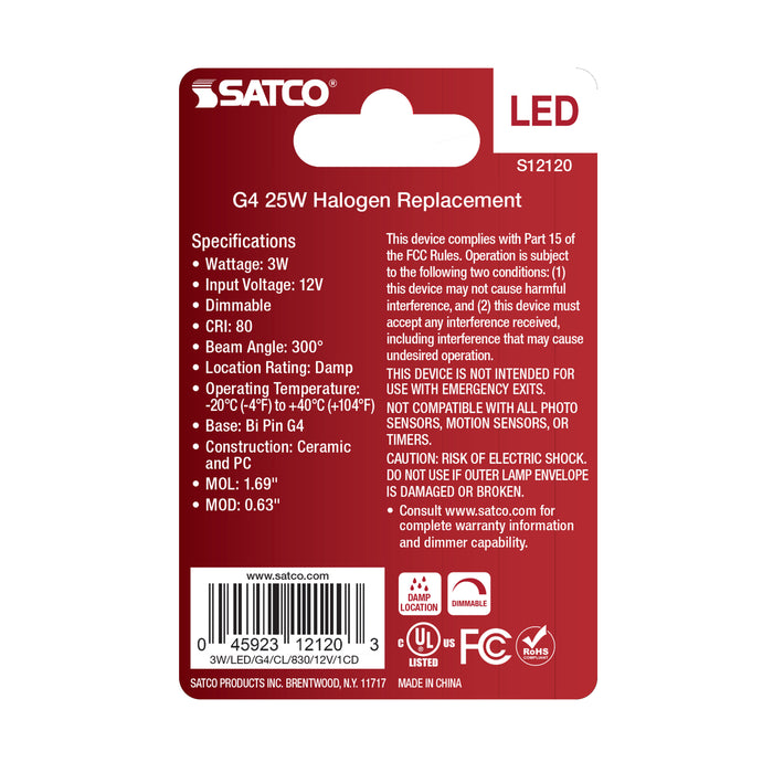 SATCO/NUVO 3W Mini LED Bipin G4 Base 3000K Clear Finish 12V (S12120)