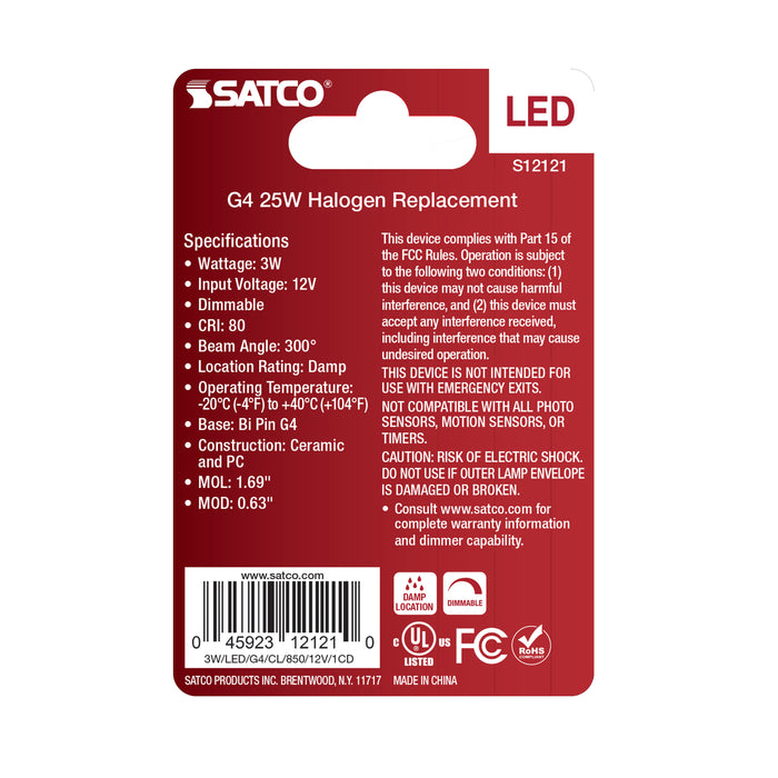 SATCO/NUVO 3W Mini LED Bipin G4 Base 5000K Clear Finish 12V (S12121)