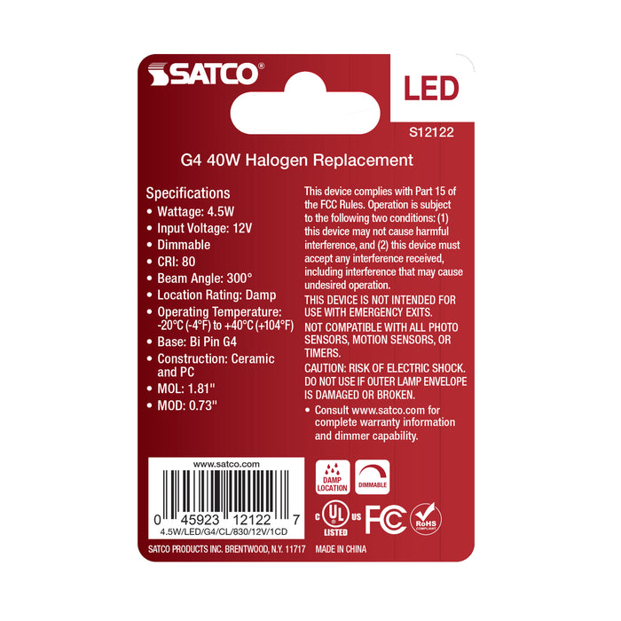 SATCO/NUVO 4.5W Mini LED Bipin G4 Base 3000K Clear Finish 12V (S12122)
