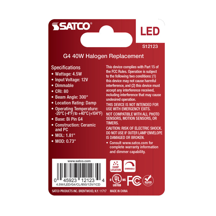 SATCO/NUVO 4.5W Mini LED Bipin G4 Base 5000K Clear Finish 12V (S12123)