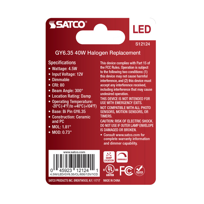 SATCO/NUVO 4.5W Mini LED Bipin GY6.35 Base 3000K Clear Finish 12V (S12124)