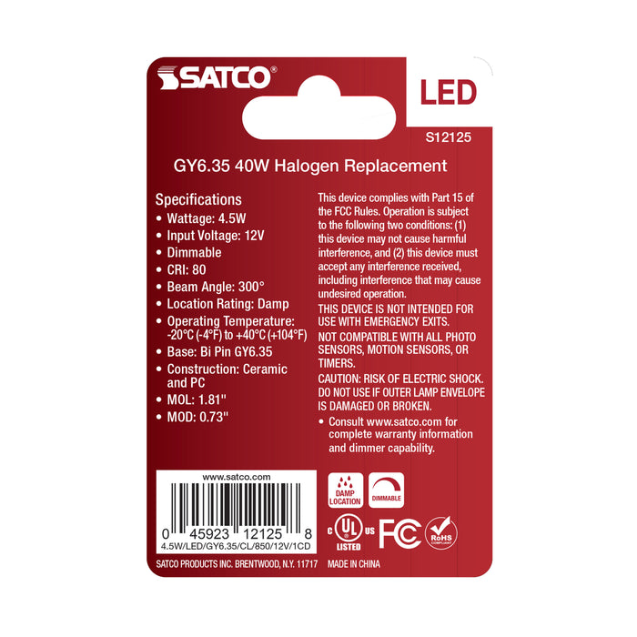 SATCO/NUVO 4.5W Mini LED Bipin GY6.35 Base 5000K Clear Finish 12V (S12125)