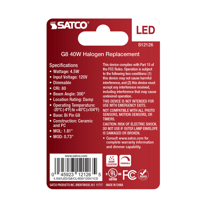 SATCO/NUVO 4.5W Mini LED Bipin G8 Base 3000K Clear Finish 120V (S12126)