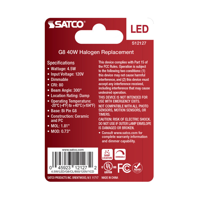 SATCO/NUVO 4.5W Mini LED Bipin G8 Base 5000K Clear Finish 120V (S12127)