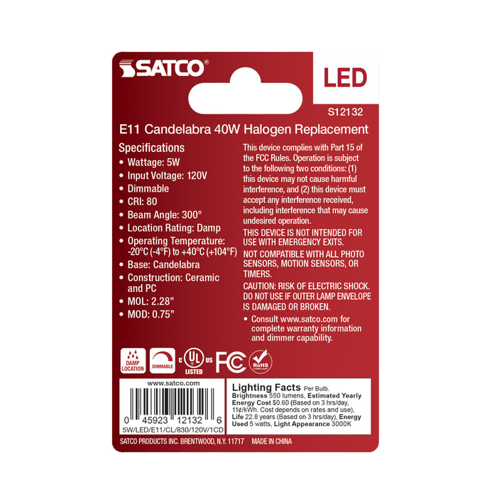 SATCO/NUVO 5W Mini LED Miniature Candelabra E11 Base 3000K Clear Finish 120V (S12132)