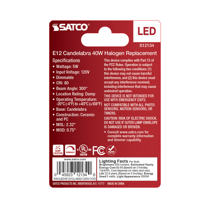 SATCO/NUVO 5W Mini LED Candelabra E12 Base 3000K Clear Finish 120V (S12134)