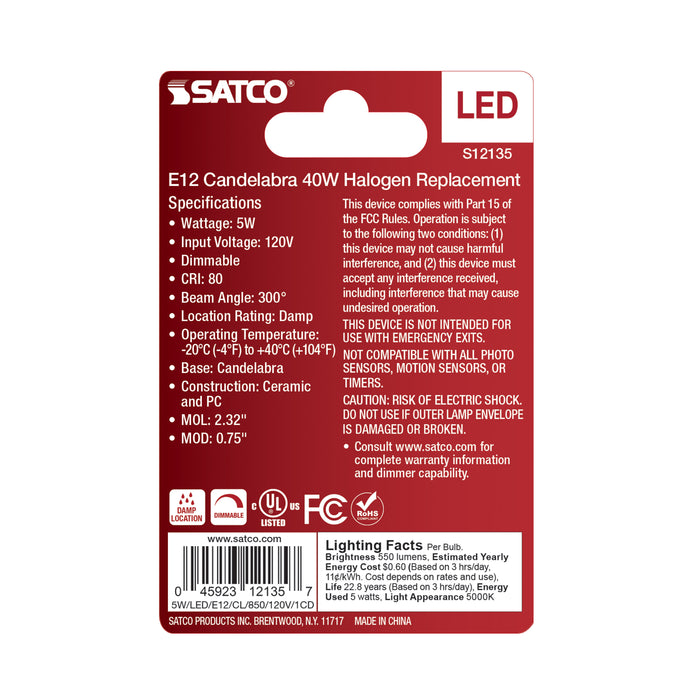 SATCO/NUVO 5W Mini LED Candelabra E12 Base 5000K Clear Finish 120V (S12135)