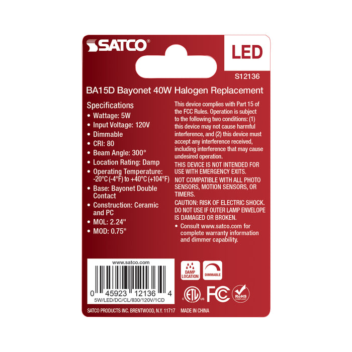 SATCO/NUVO 5W Mini LED Bayonet Double Contact BA15d Base 3000K Clear Finish 120V (S12136)